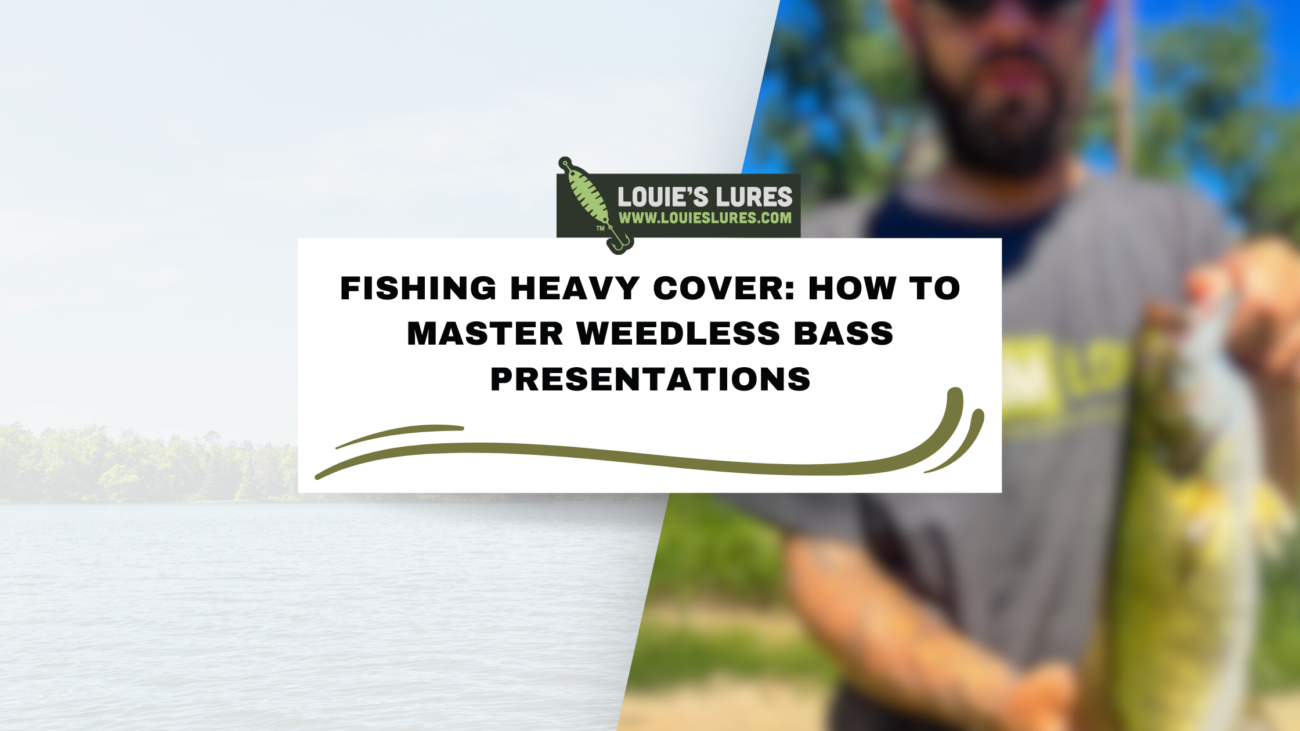 Blurry photo of a person holding a fish with text overlaid: Louies Lures - Fishing Heavy Cover: How to Master Weedless Bass Presentations. The background shows a water body and trees.