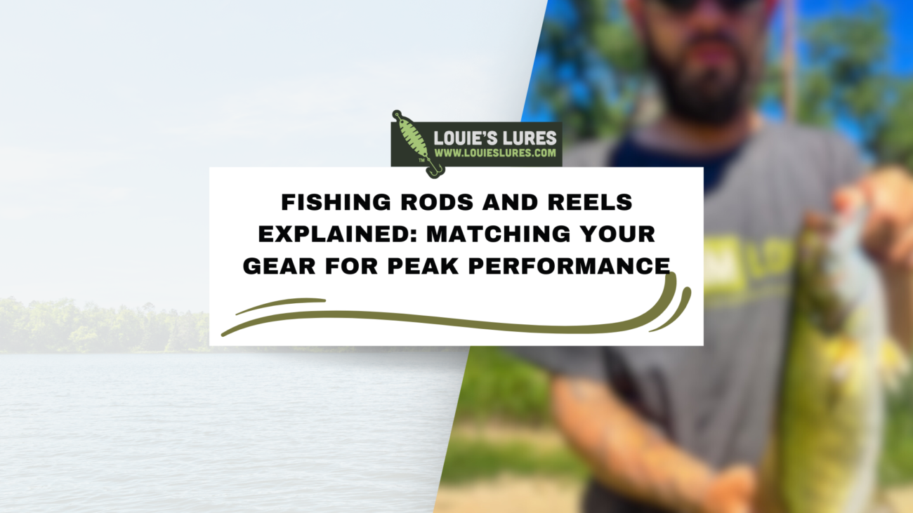 A person holding a fish, half-blurred, with a background of trees and water. In focus is a text box reading: Fishing Rods and Reels Explained: Matching Your Gear for Peak Performance with the Louies Lures logo above.