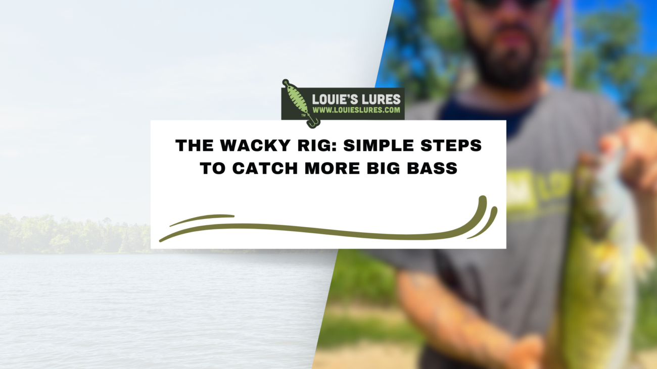 A blurred image showing a person holding a fish on the right, with a body of water and trees on the left. A centered text box reads, The Wacky Rig: Simple Steps to Catch More Big Bass with the Louies Lures logo and website.