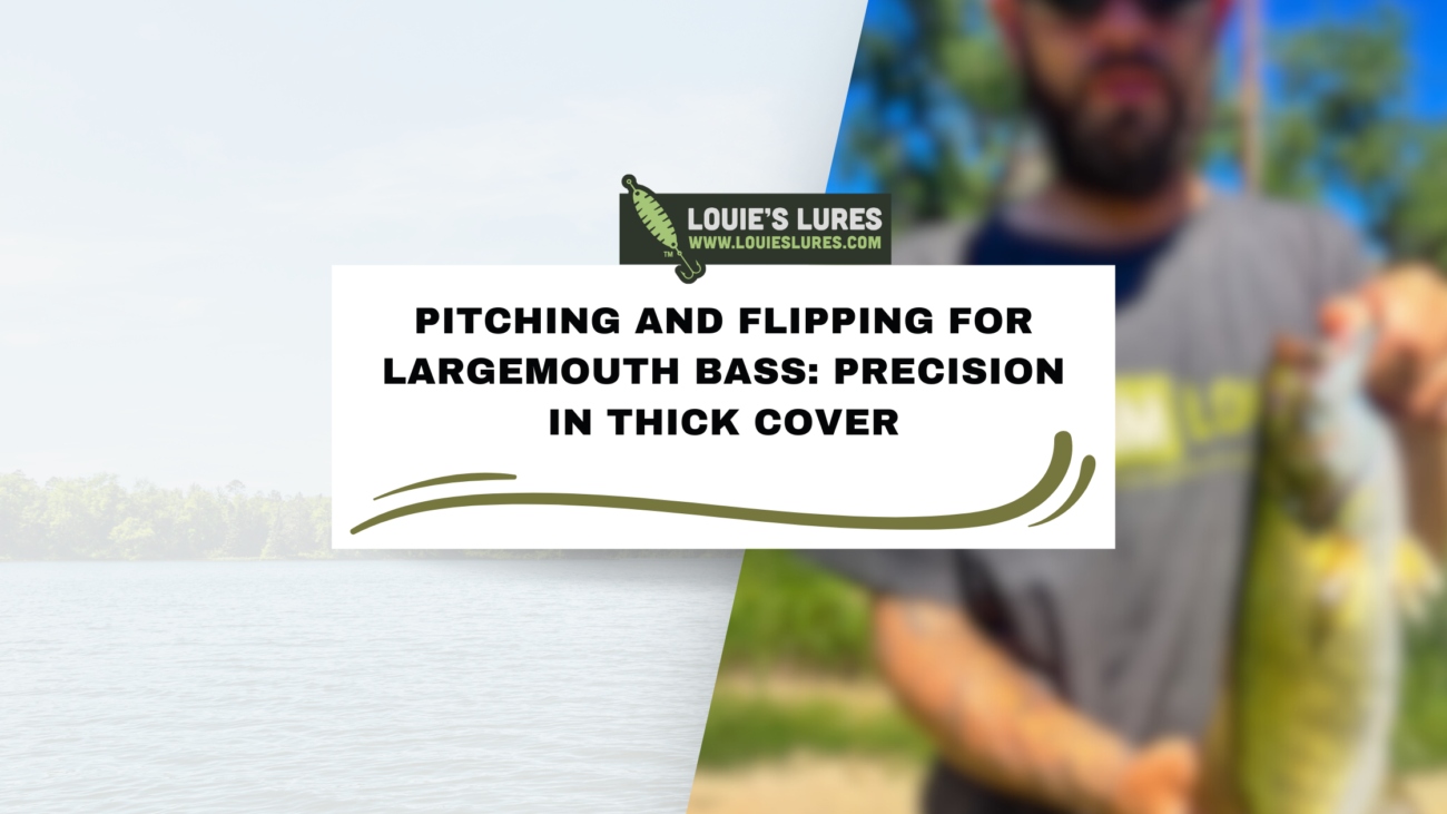 A blurred person holds a fish against a background split between clear blue sky and a lake or river. Text reads, Pitching and Flipping for Largemouth Bass: Precision in Thick Cover. At the top, Louies Lures with a website address.