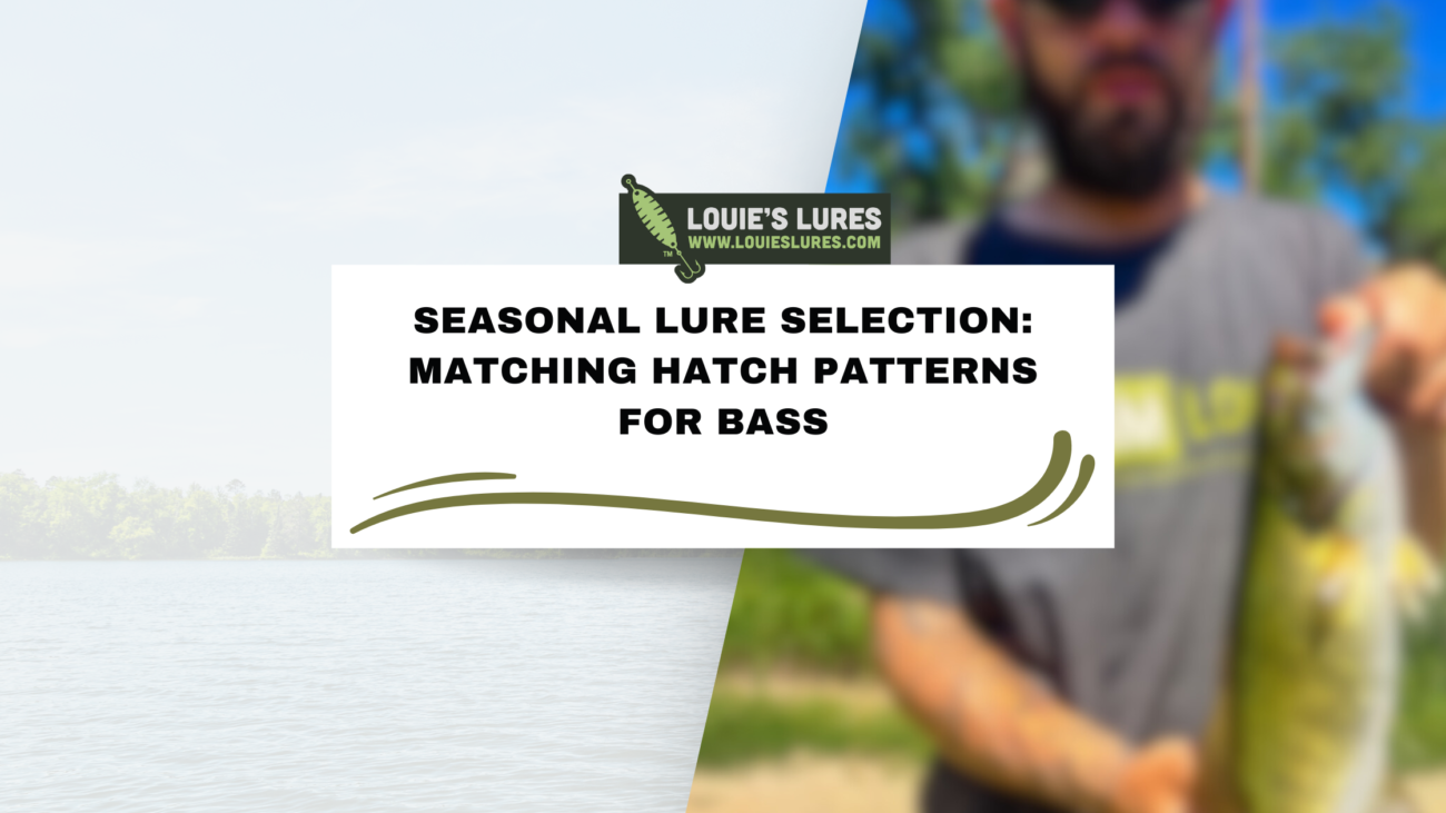Text on the image reads Seasonal Lure Selection: Matching Hatch Patterns for Bass below the Louies Lures logo and website. The left side shows a lakeside view, while the right side is blurred, featuring a person holding a fish.