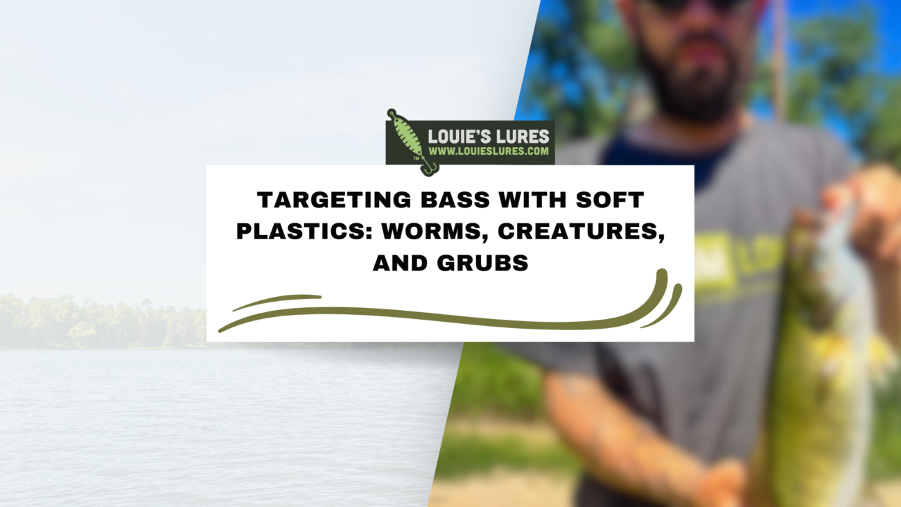 Split image with a lake on the left and a blurred person holding a fish on the right. Central text reads: Targeting Bass with Soft Plastics: Worms, Creatures, and Grubs. Logo of Louies Lures above the text.