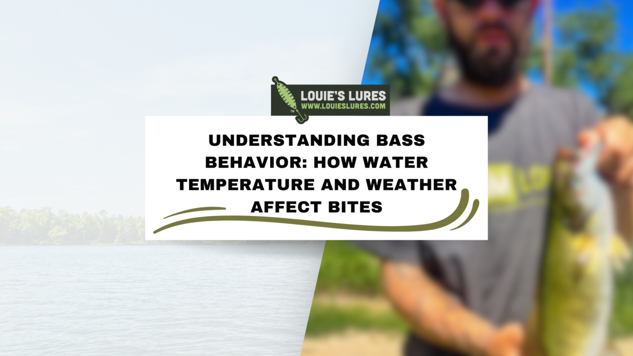 Blurred image of a person holding a fish, with text overlay: Understanding Bass Behavior: How Water Temperature and Weather Affect Bites. Background shows a lake and trees. Louie’s Lures logo is at the top.